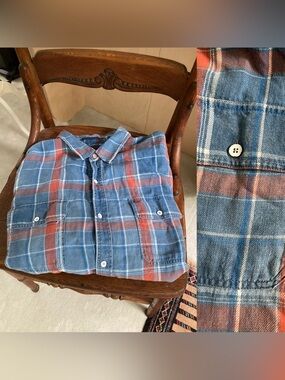 Lucky Brand Indigo Blue and Rust Plaid Casual Button-Down
